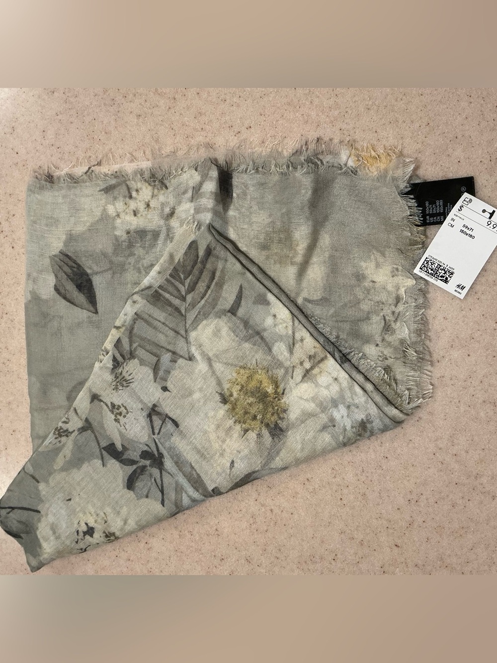 H&M Floral Print Lightweight Gray and Yellow Scarf with Fringed Edges
